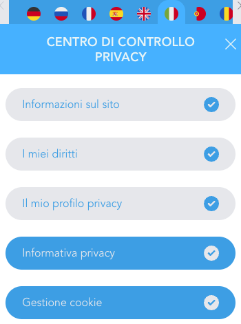 Centro di controllo privacy per consultare informative e gestire le preferenze cookie